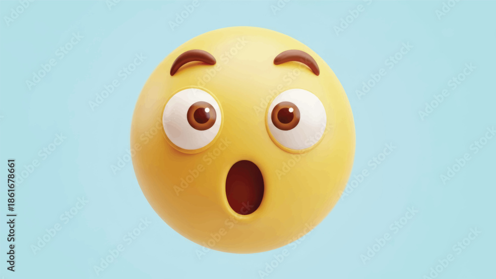 Fototapeta premium Surprised yellow emoji face with wide eyes and open mouth on blue background graphic illustration.