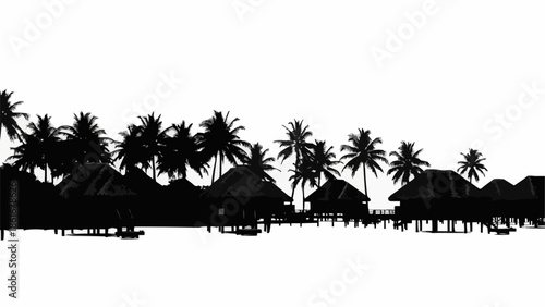 Tropical Bungalows and Palm Trees Silhouette on White Background.