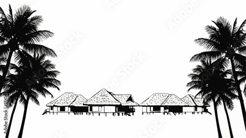 Tropical Bungalows Under Palm Trees Illustration.