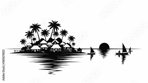 Tropical island paradise with palm trees and bungalows at sunset.