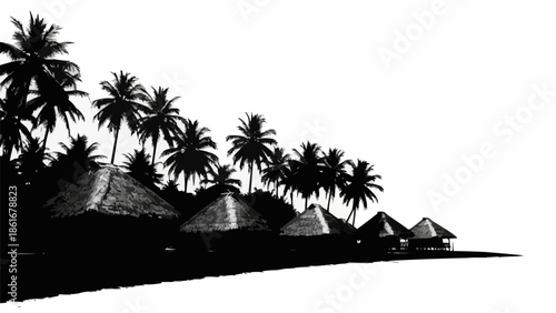 Tropical island huts and palm trees silhouette on white background.