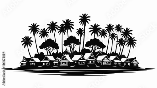 Tropical Island Resort Village Silhouette with Palm Trees.