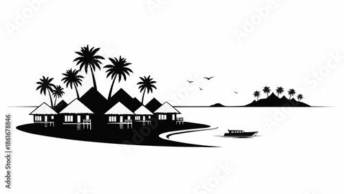 Tropical island resort with bungalows and palm trees silhouette.