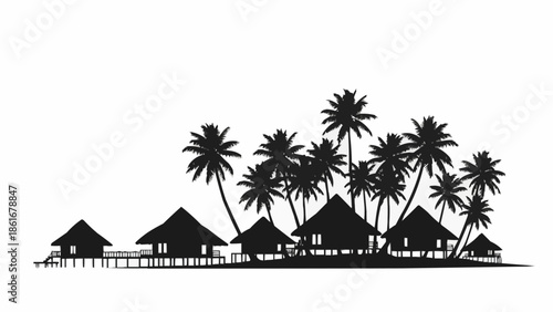 Tropical island resort silhouette with palm trees and bungalows.