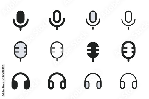 microphone and headphones audio outline and filled icon set for music app interface ui