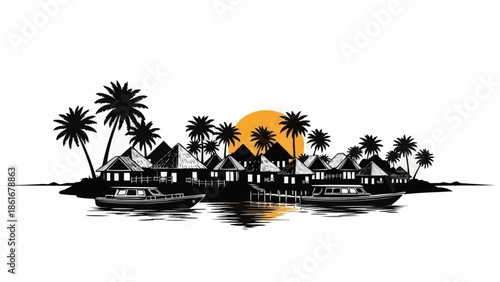 Tropical island resort with palm trees and boats at sunset silhouette.