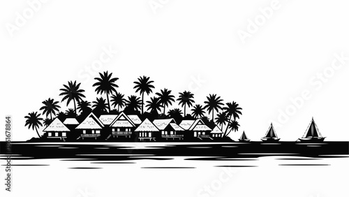 Tropical island resort with palm trees and bungalows.