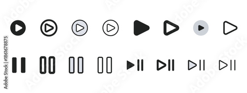 play and pause media control icons set filled and outline for video music player ui
