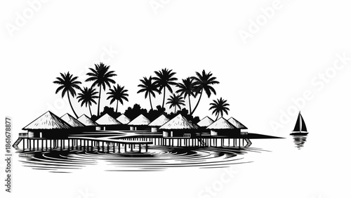 Tropical island resort with palm trees and overwater bungalows.