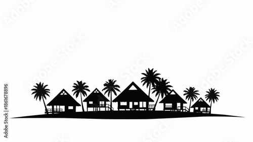 Tropical Island Silhouette with Palm Trees and Bungalows.