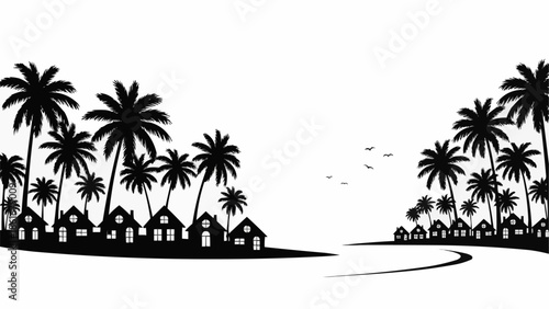 Tropical Island Village Silhouette with Palm Trees and Ocean.