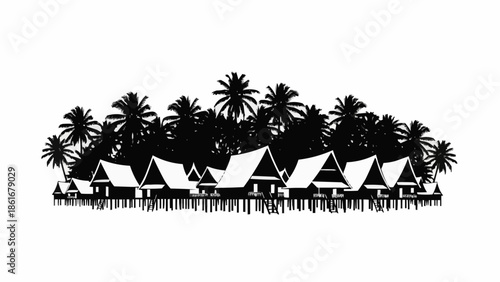 Tropical island village with stilt houses and palm trees silhouette.