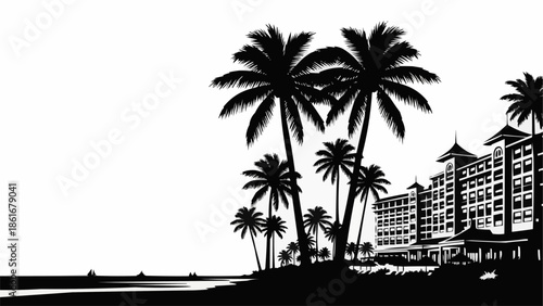 Tropical Resort Hotel Silhouette with Palm Trees and Ocean View.