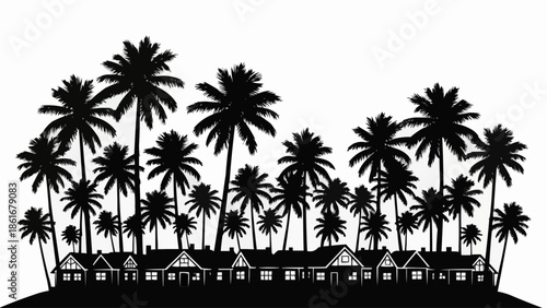 Tropical Resort Village Silhouette with Palm Trees and Houses.