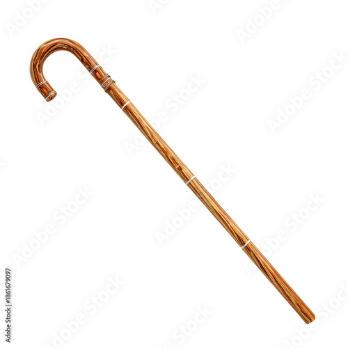 Antique wooden cane with curved handle isolated on a transparent background