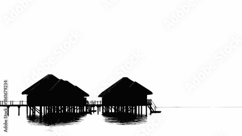 Two Overwater Bungalows Silhouetted Against a Bright Sky.