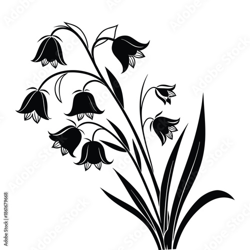 Black silhouette vector of lily of the valley flowers with bell shapes and slender leaves isolated on transparent background