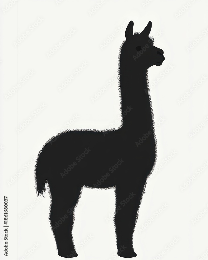 Fototapeta premium calm standing black alpaca silhouette in profile with soft fuzzy outline on plain white background
