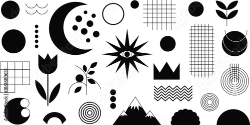 Set of minimalist black geometric elements, modern abstract shapes including moon stars mountains and patterns, isolated vector icons for design