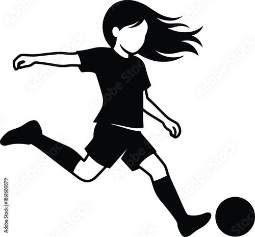 Young girl soccer player silhouette kicking ball, female child athlete playing football, youth sports action, isolated vector illustration on white