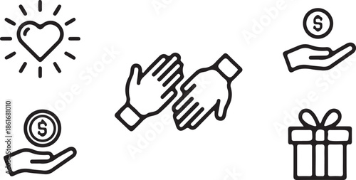 Set of five black and white line art icons clearly depicts concepts related to charity, donations, giving, and appreciation for fundraising campaigns.