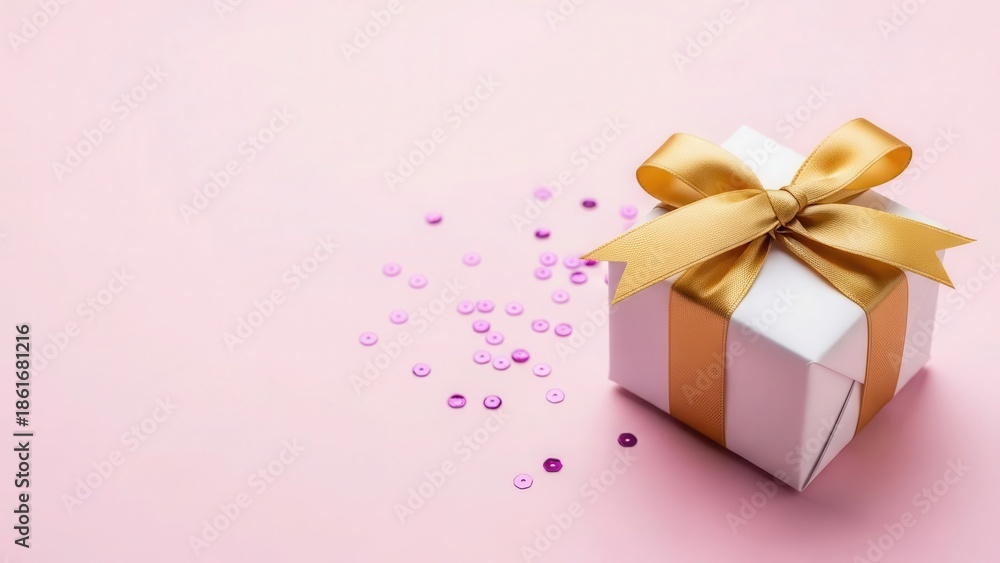 Fototapeta premium Beautiful gift box for mom on mother's day with gold ribbon and sparkles