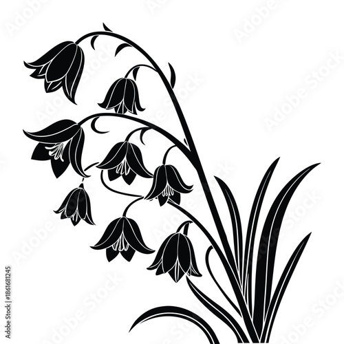 Black silhouette of bell shaped flowers on curved stems with long leaves isolated on checkered background