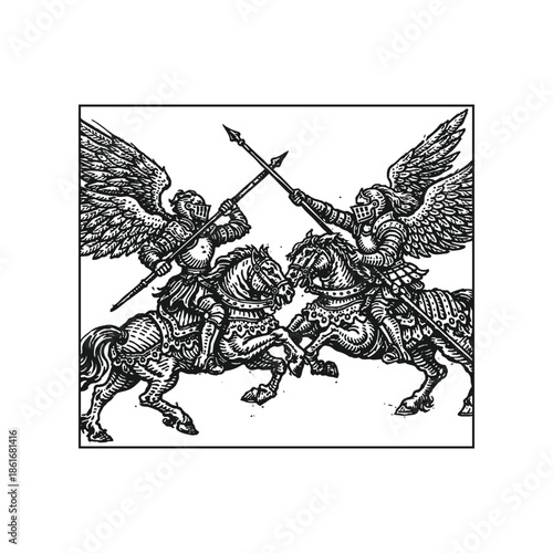 Winged Knights in Epic Spear Duel – Medieval Battle Engraving