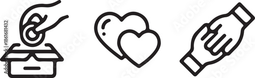 Set of simple line icons visually represents concepts of charity, cooperation, safety procedures, and organizational structure for presentations.