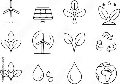 Assortment of twelve hand-drawn line icons illustrates ecological themes including wind power, solar panels, plant growth, water conservation, and global cycles.