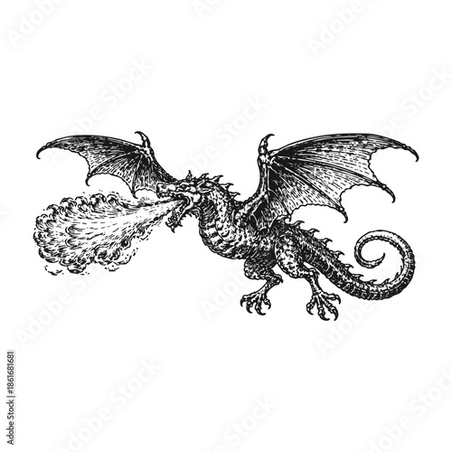 Flying Fire Dragon Medieval Ink Illustration