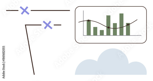 Chart with bar graph and trend line above cloud, blue crosses linked by lines. Ideal for technology, data analysis, statistics, cloud computing, connectivity, forecasting, network concepts simple