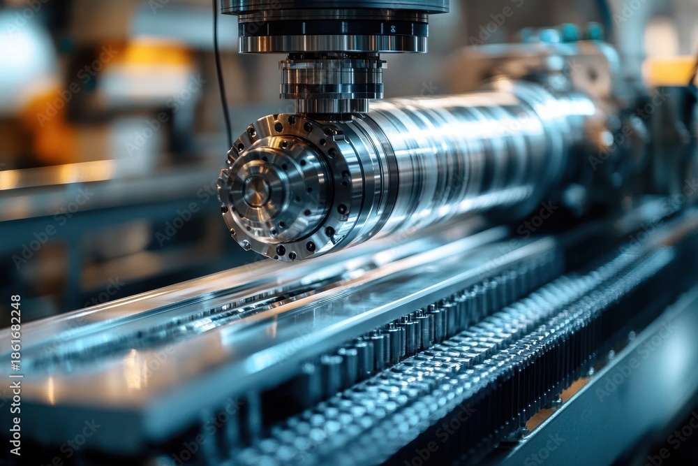 Fototapeta premium Close-up of a cnc milling spindle machining a polished steel cylinder on an industrial production line, evoking precision and focus