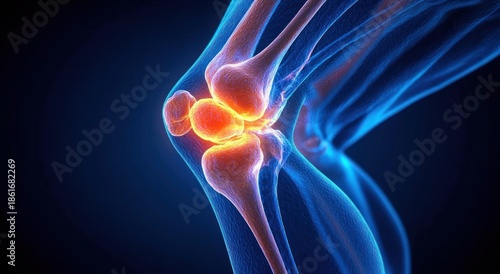 Translucent human knee joint anatomy with glowing orange inflamed cartilage and bones highlighting pain and inflammation