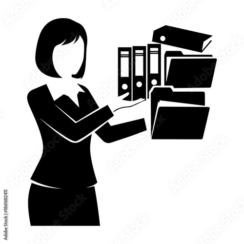 Silhouette of businesswoman organizing folders and binders in office environment.