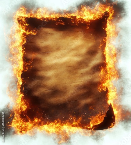 burning aged parchment with charred edges, bright orange flames, smoke and glowing embers, torn corner and scorched texture, dramatic ominous mood