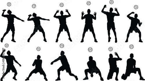 Black silhouette illustrations of volleyball players performing dynamic actions including serving, spiking, setting, and receiving, showcasing athletic sport techniques