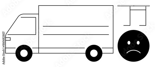 Transportation issues, failed deliveries, supply chain problems, logistics risks, moving services, dissatisfaction. Box truck, overhead view of broken roof sad face. Transportation issues and failed