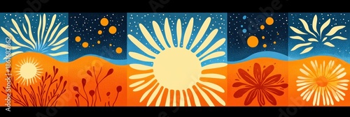 Whimsical warm landscape with starry indigo sky, glowing suns and floral bursts above rolling orange dunes with silhouetted plants, playful and serene mood