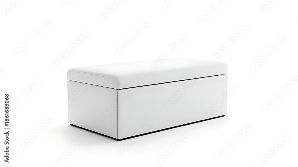 Fototapeta premium A simple, rectangular white ottoman with a slightly rounded top, set against a stark white background