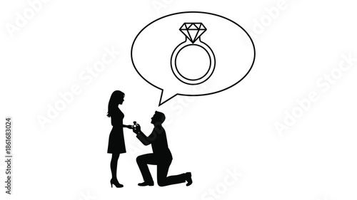 A silhouette depicts a man proposing to a woman with a ring