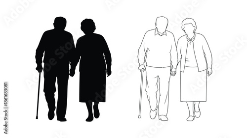 Silhouettes of an elderly couple walking both with walking sticks
