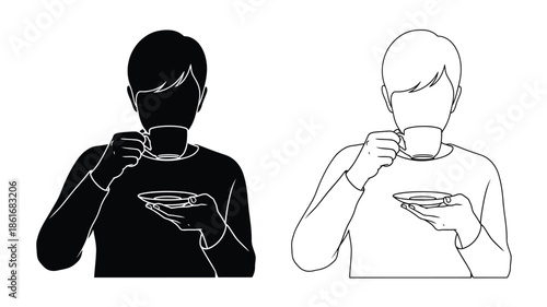 Two contrasting figures of people holding cups one dark and one light