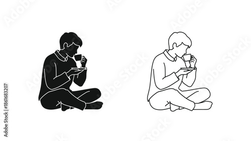 Two individuals are seated enjoying warm drinks while focused on their phones