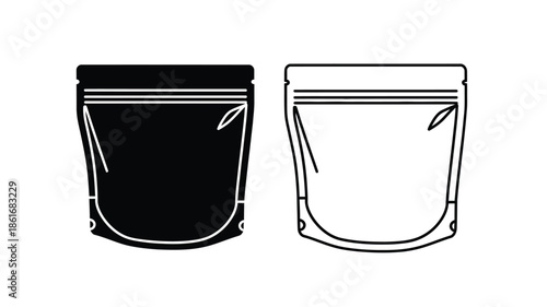 Black and white illustration of two stand up pouch packaging designs with a leaf