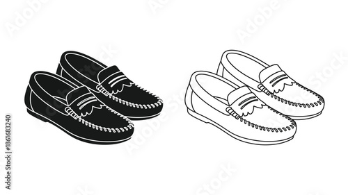 Black and white illustration of a pair of classic leather loafers