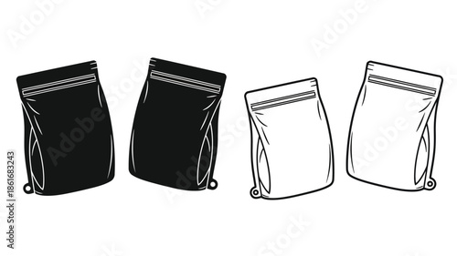 Illustration of three different black and white stand up pouch packaging designs