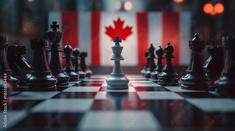Naklejka premium White king chess piece centered on a checkered chessboard surrounded by opposing black pieces with a blurred Canadian flag backdrop, dramatic tense strategic mood