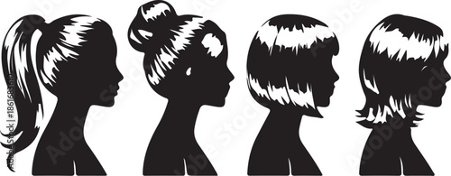 Women Hair Silhouette Icons Set – Female Hairstyle Profile Vector Illustration.