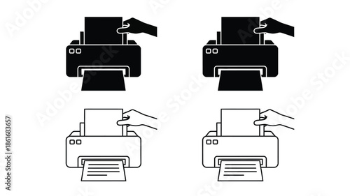 Simple black and white illustrations depicting office printers in various styles